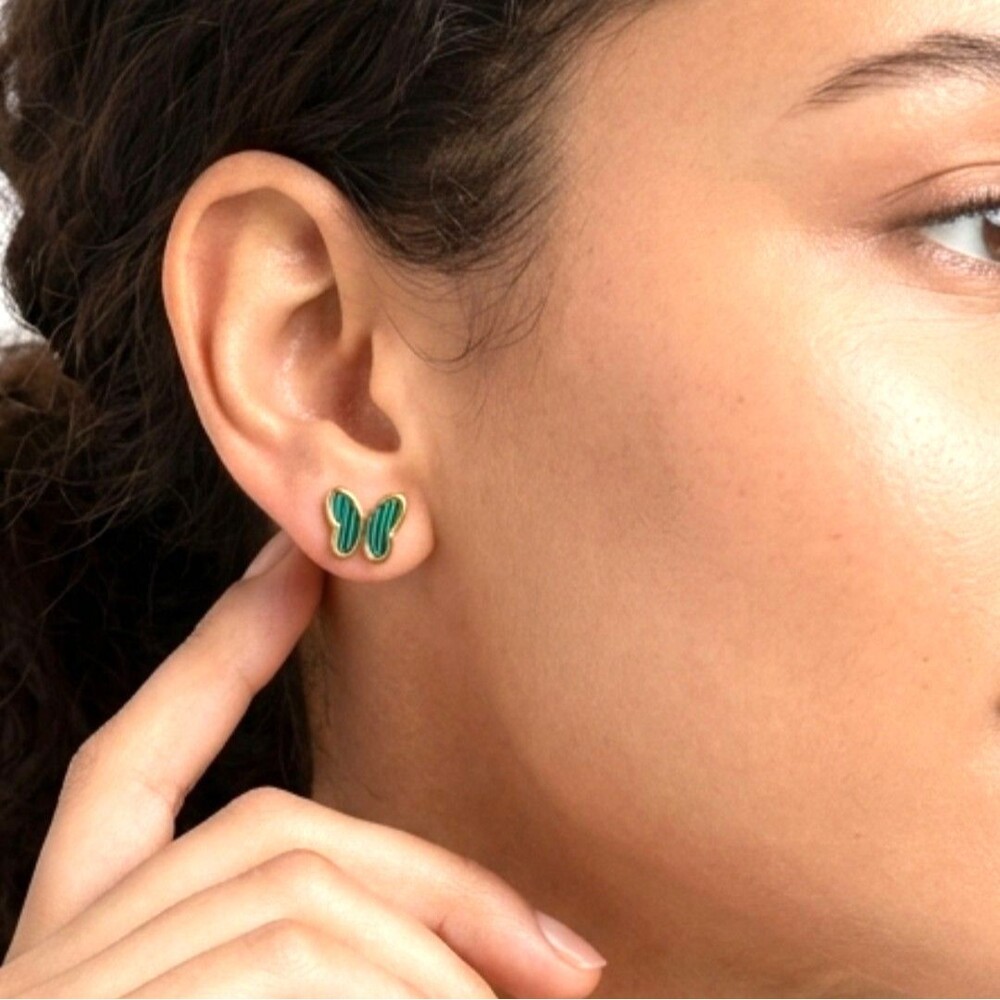 STAINLESS STEEL STUD EARRINGS Butterfly Shape Green/Gold Jewelry BRAND NEW